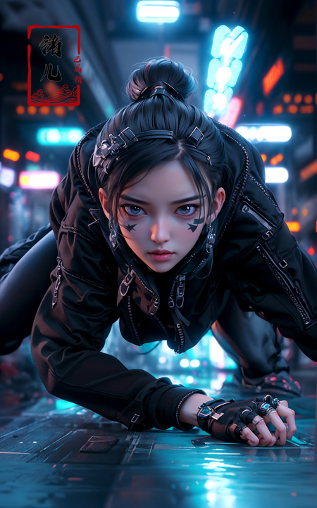 606247209521968581-1890781567-CG masterpiece, 3D Chinese girl, angelic face, techno-cool style, dressed in cyberpunk mixed with Chinese style clothing, crouch.jpg